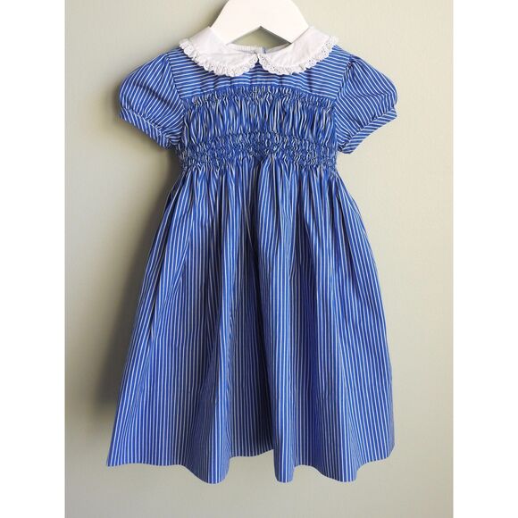 Vintage 90s/00s Ralph Lauren Blue Striped Smocked Dress with Bloomers (2 Pc) 12M - Picture 1 of 10
